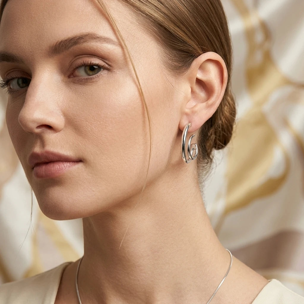 Double Thin Hoops C Shape Earrings - White Rhodium Plated