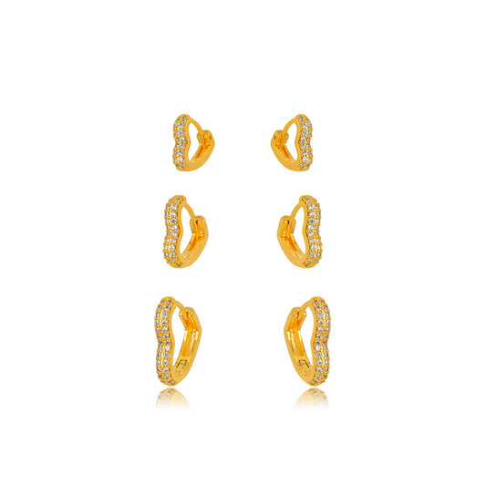 18K Gold Plated Trio Heart Studded Zirconia Earrings