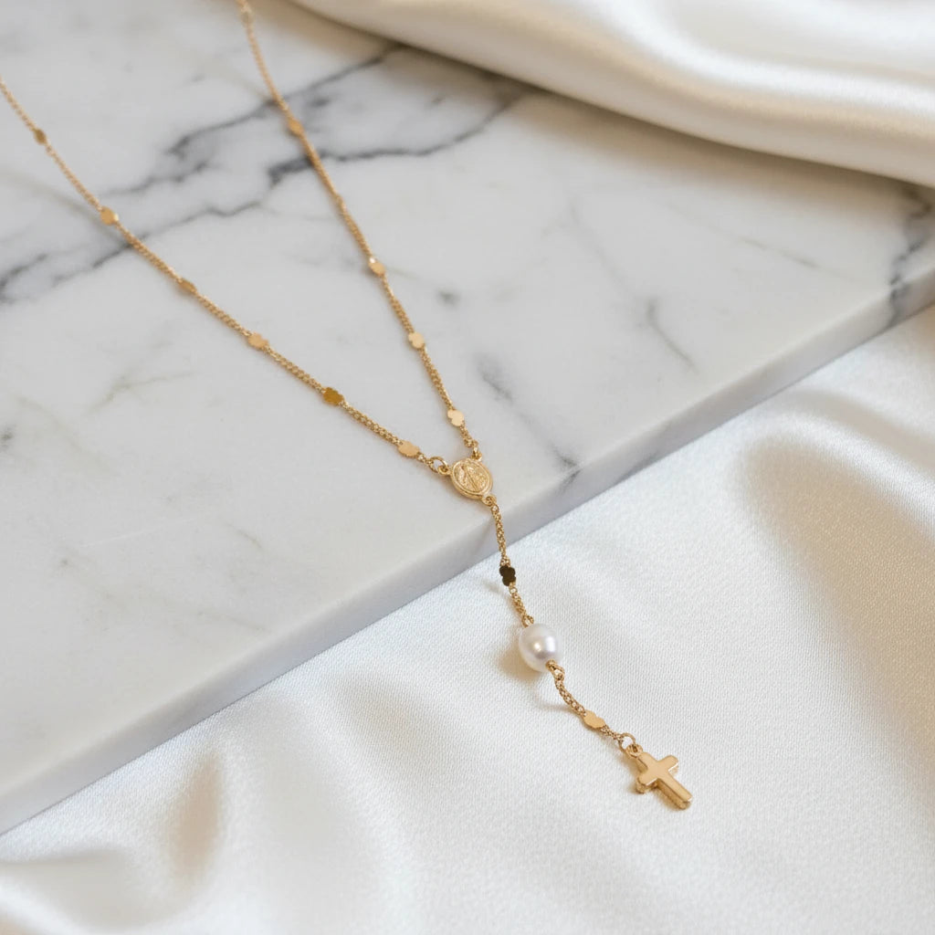 Small Cross Catholic Rosary Necklace - 18K Gold Plated