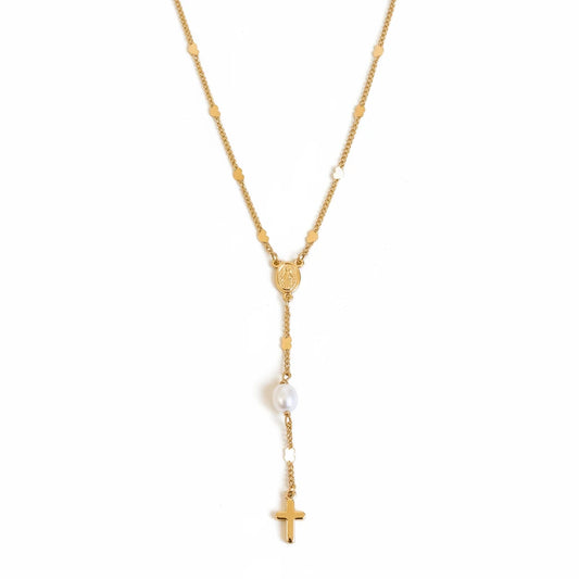Small Cross Catholic Rosary Necklace - 18K Gold Plated