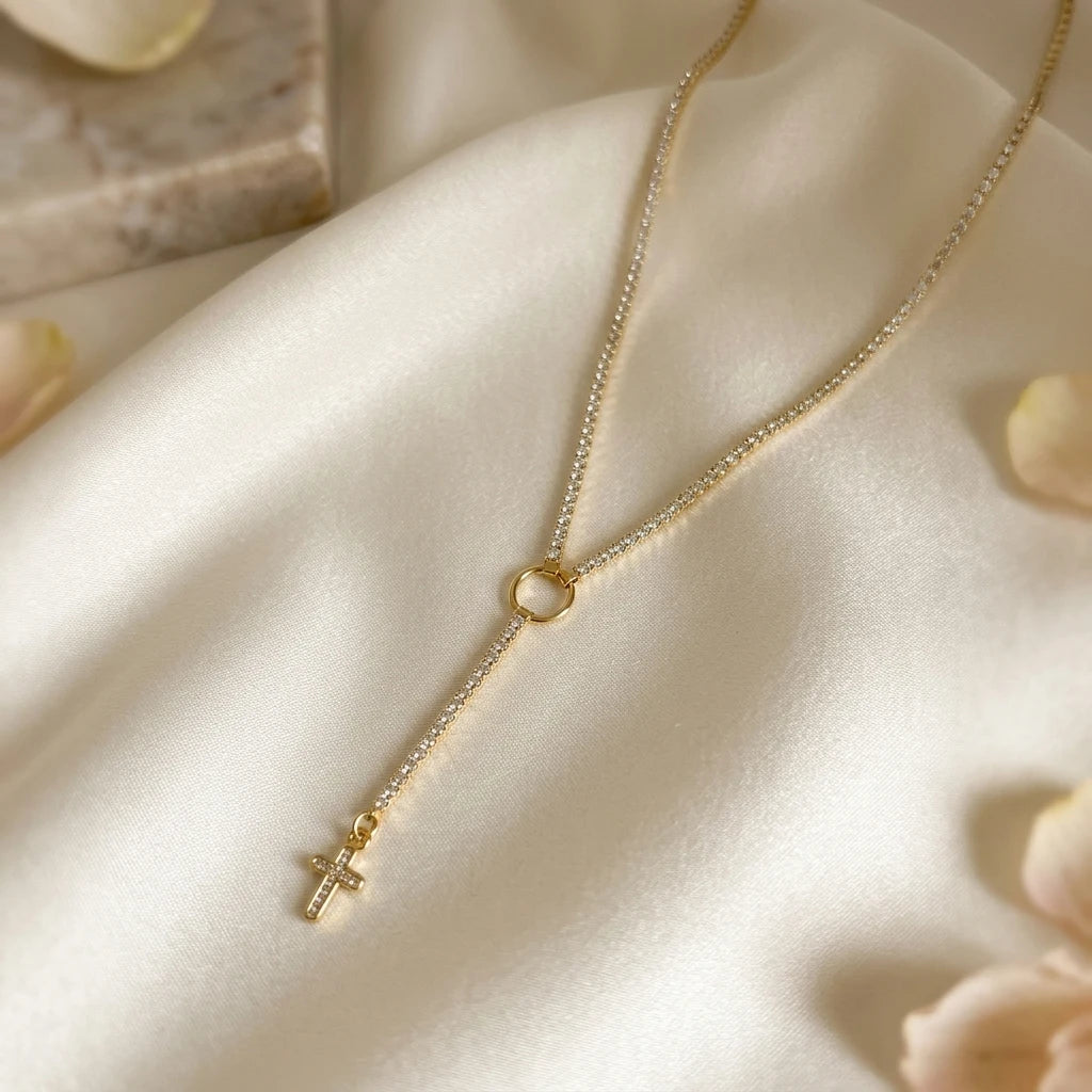 Small Cross Catholic in Tennis Necklace - 18K Gold Plated