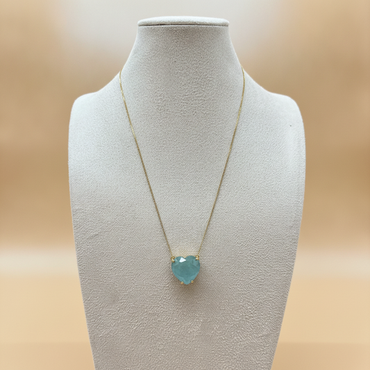 Blue Acqua Marine Heart Necklace - 18K Gold Plated