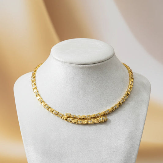 Rigid Serpent Studded Zirconia Necklace - 18K Gold Plated