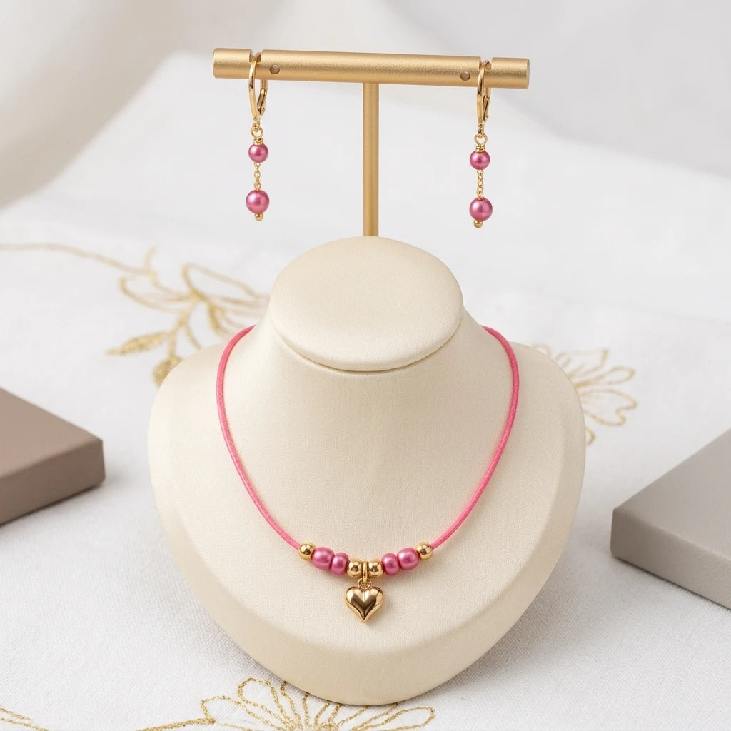Delicate Pink Beaded kids Set - Earrings and Necklace - 18K Gold Plated