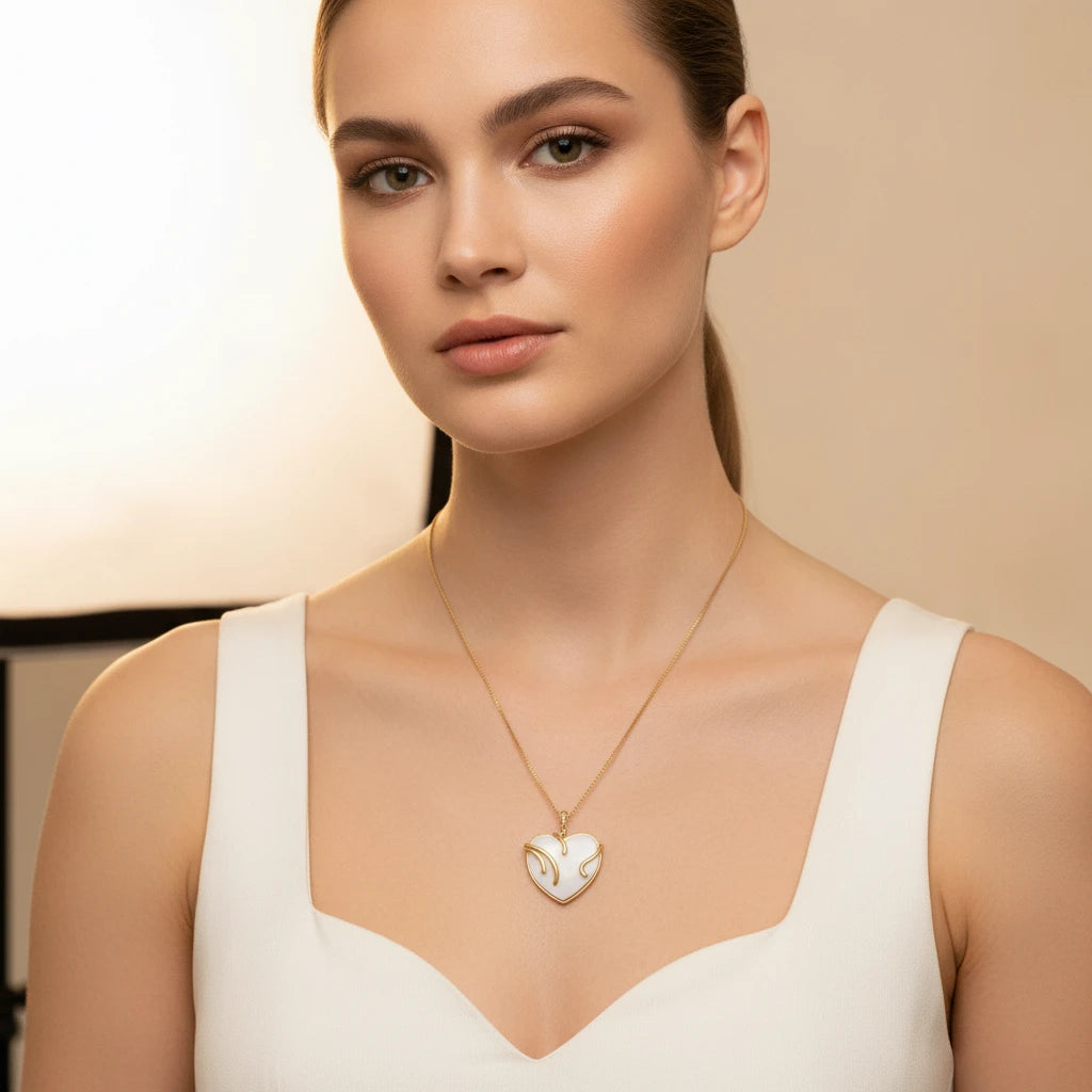 White Heart Pendant Necklace - 18K Gold Plated