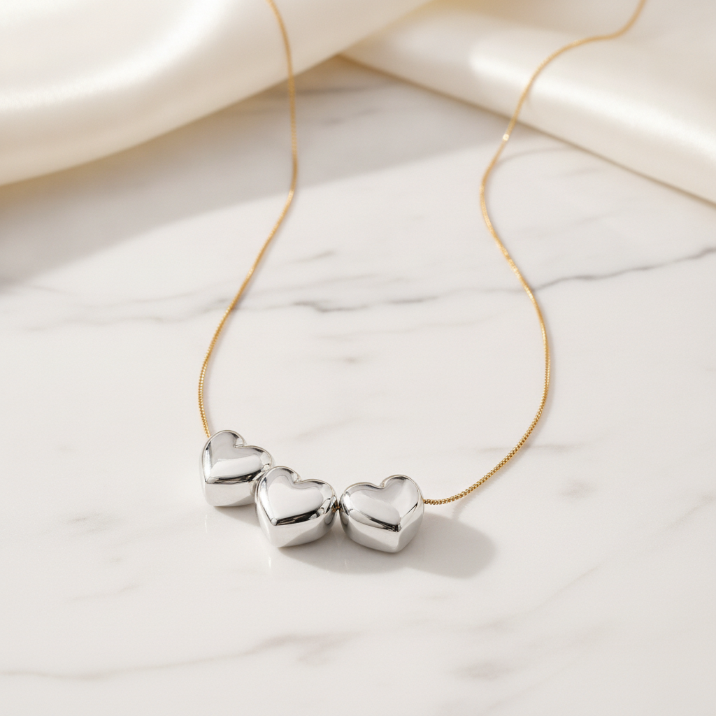 Three Heart Bi-Color Necklace - White Rhodium and 18K Gold Plated