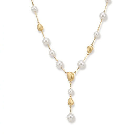 Brushed Details and Pearls Necklace - 18K Gold Plated