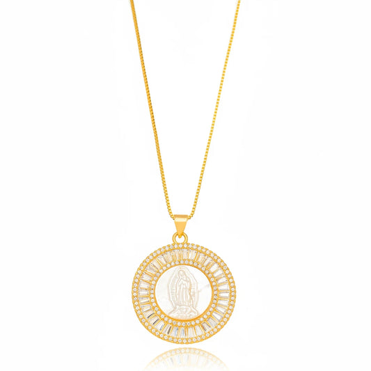 Religious Mother Pearl Baguette Medallion Necklace - 18K Gold Plated