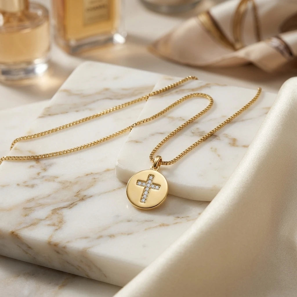 Religious Studded Zirconia Cross Pendant Necklace -18K Gold Plated