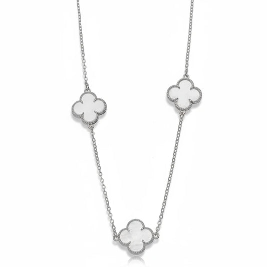 White Three Lucky Clover - White Rhodium Plated - Choker