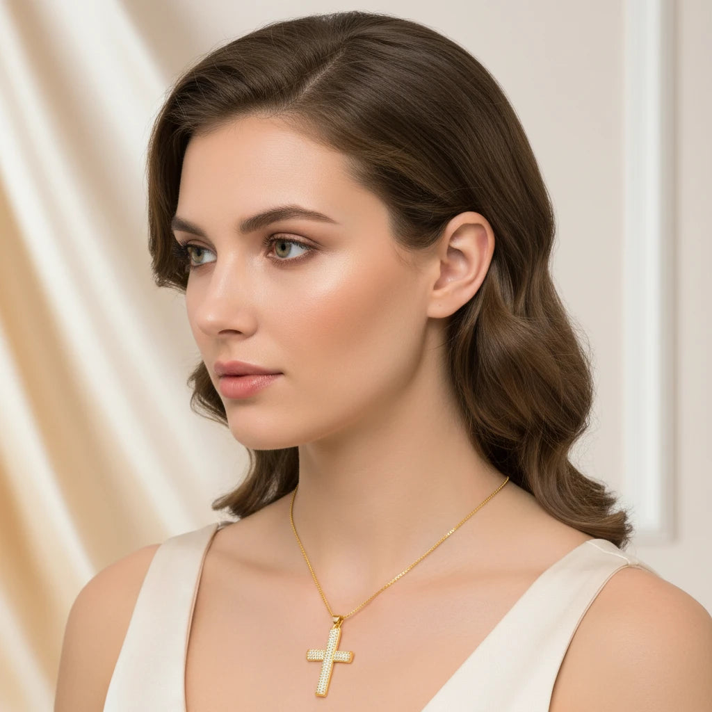 Religious Cross Studded Zirconia Pendant Necklace - 18K Gold Plated