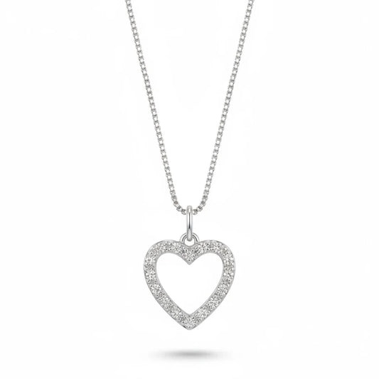 Studded Zirconia Heart Necklace -White Rhodium Plated