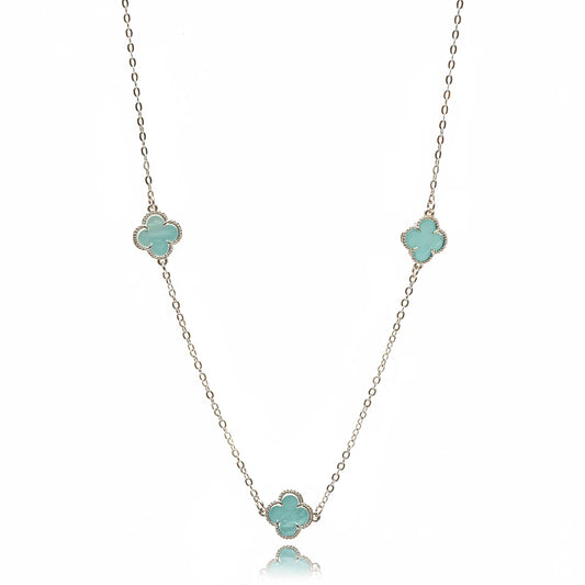 Blue Three Lucky Clover - White Rhodium Plated - Choker