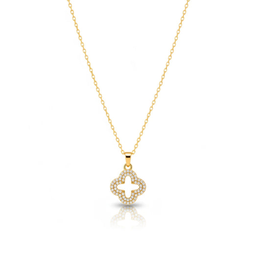 Studded Zirconia Clover Necklace -18K Gold Plated