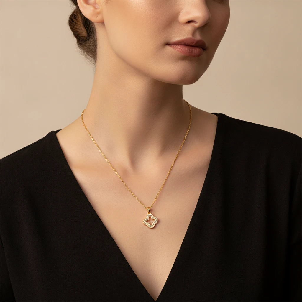 Studded Zirconia Clover Necklace -18K Gold Plated