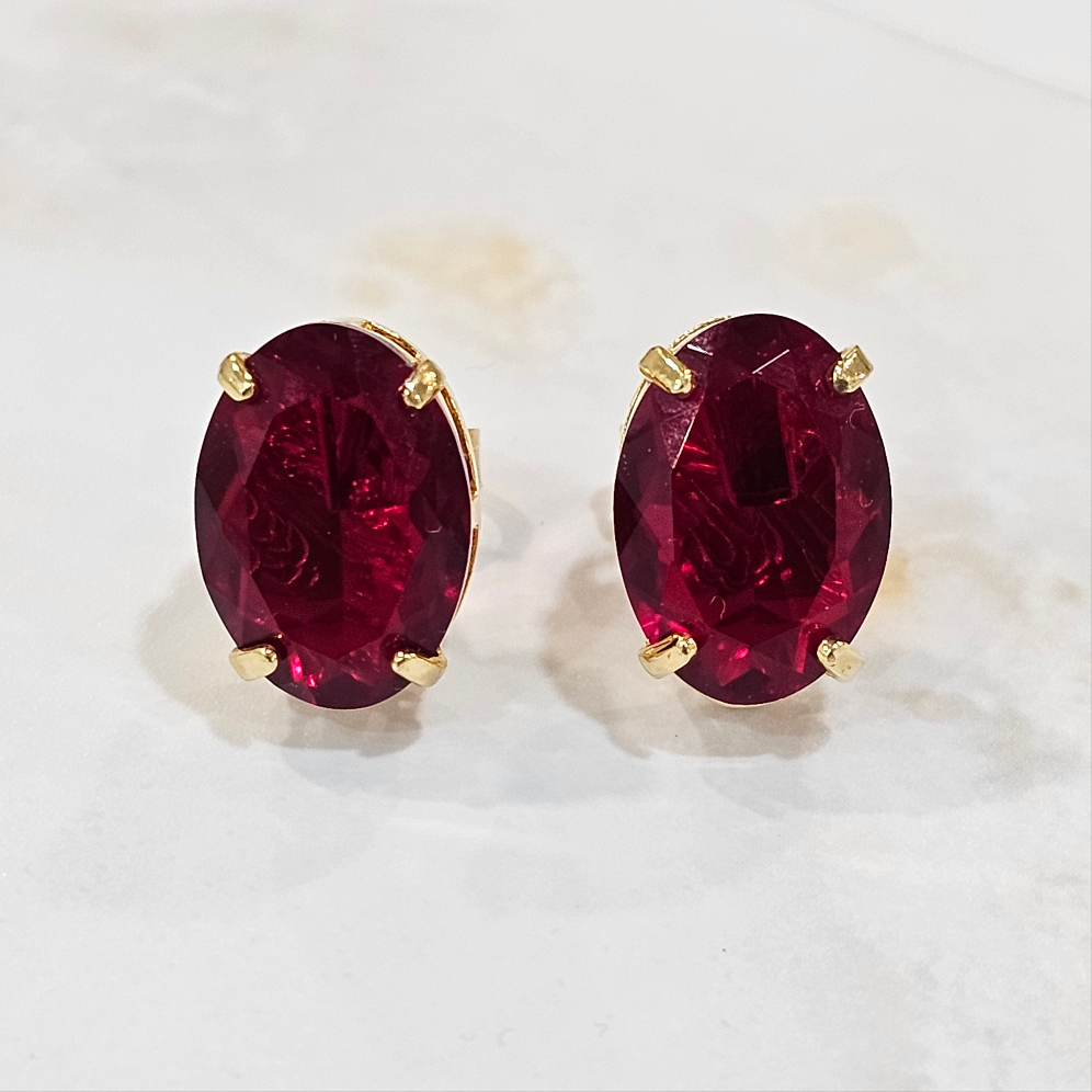 18K Gold Plated Stud Oval Ruby Earrings