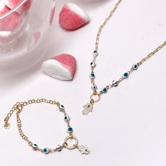 18K Gold Plated Studded Zirconia Hand and Evil Eye Kids Set