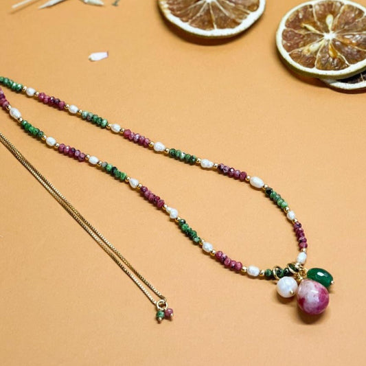 18K Gold Plated, Red Jade, Green Jade and Baroque Pearls with Pendant Necklace
