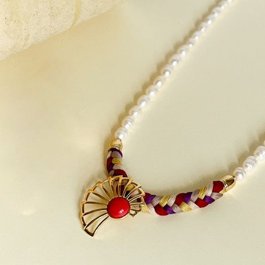 18K Gold Plated Pearls and Colorful Braid Necklace