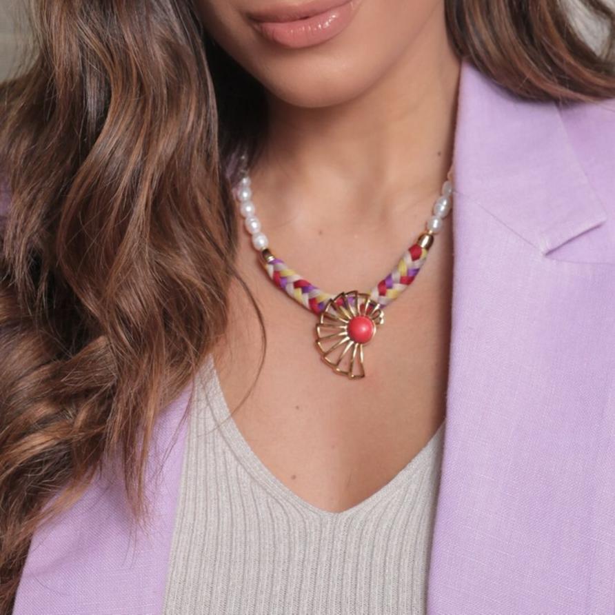 18K Gold Plated Pearls and Colorful Braid Necklace