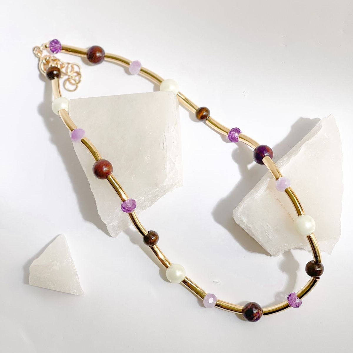 18K Gold Plated Tubes, Purple Crystals and Stones, Pearls, and Wood Balls Necklace