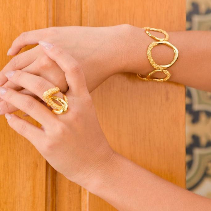 Dual Texture Interlocking Links Ring - 18K Gold Plated