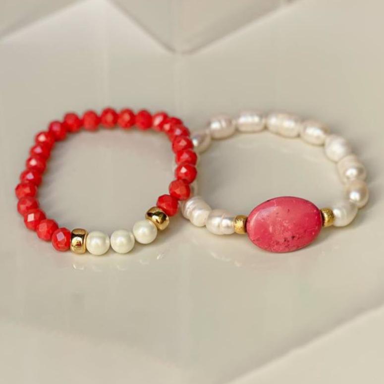 18K Gold Plated Bracelet with double pearls and coral accents.