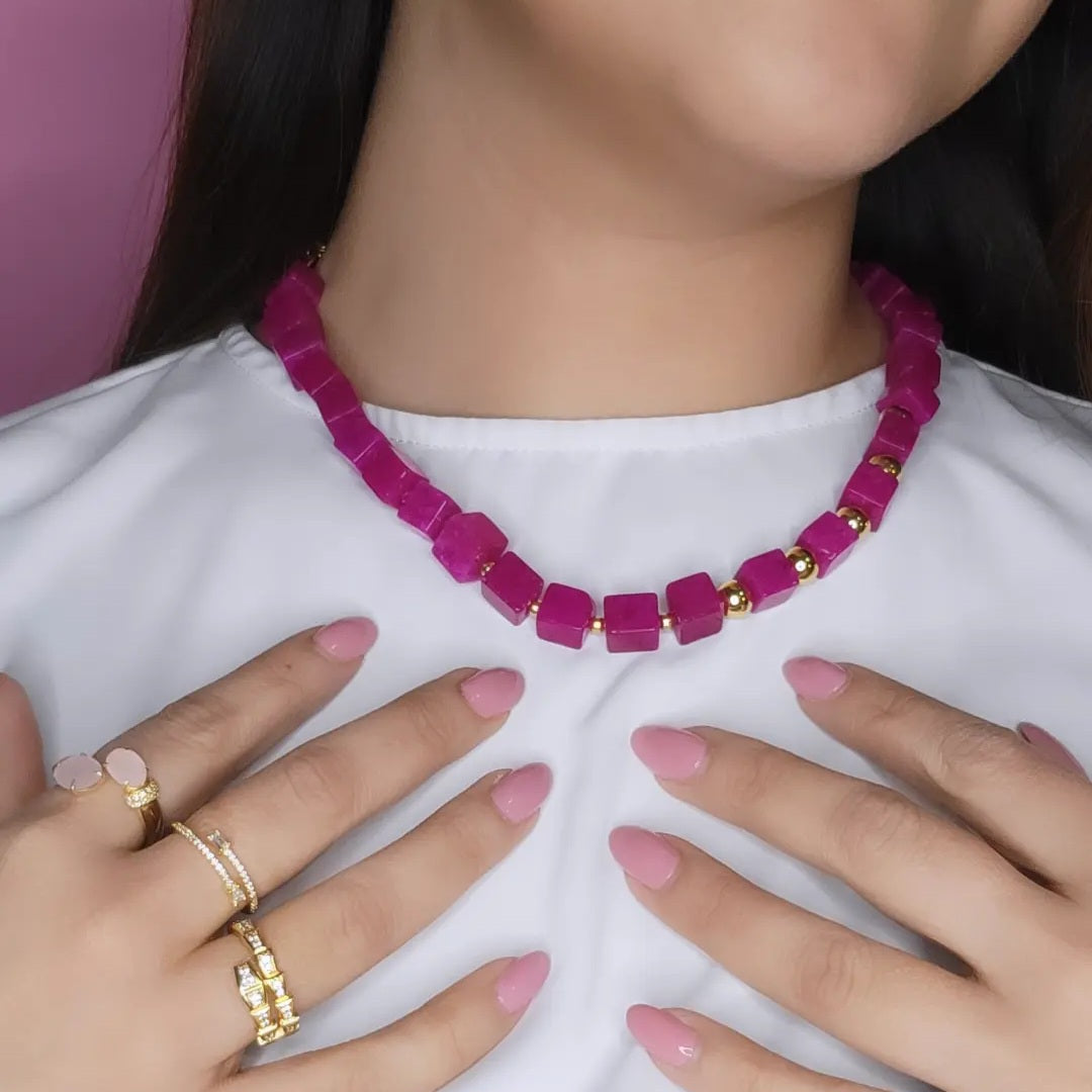 18K Gold Plated Square Pink Jade and Golden Balls Necklace