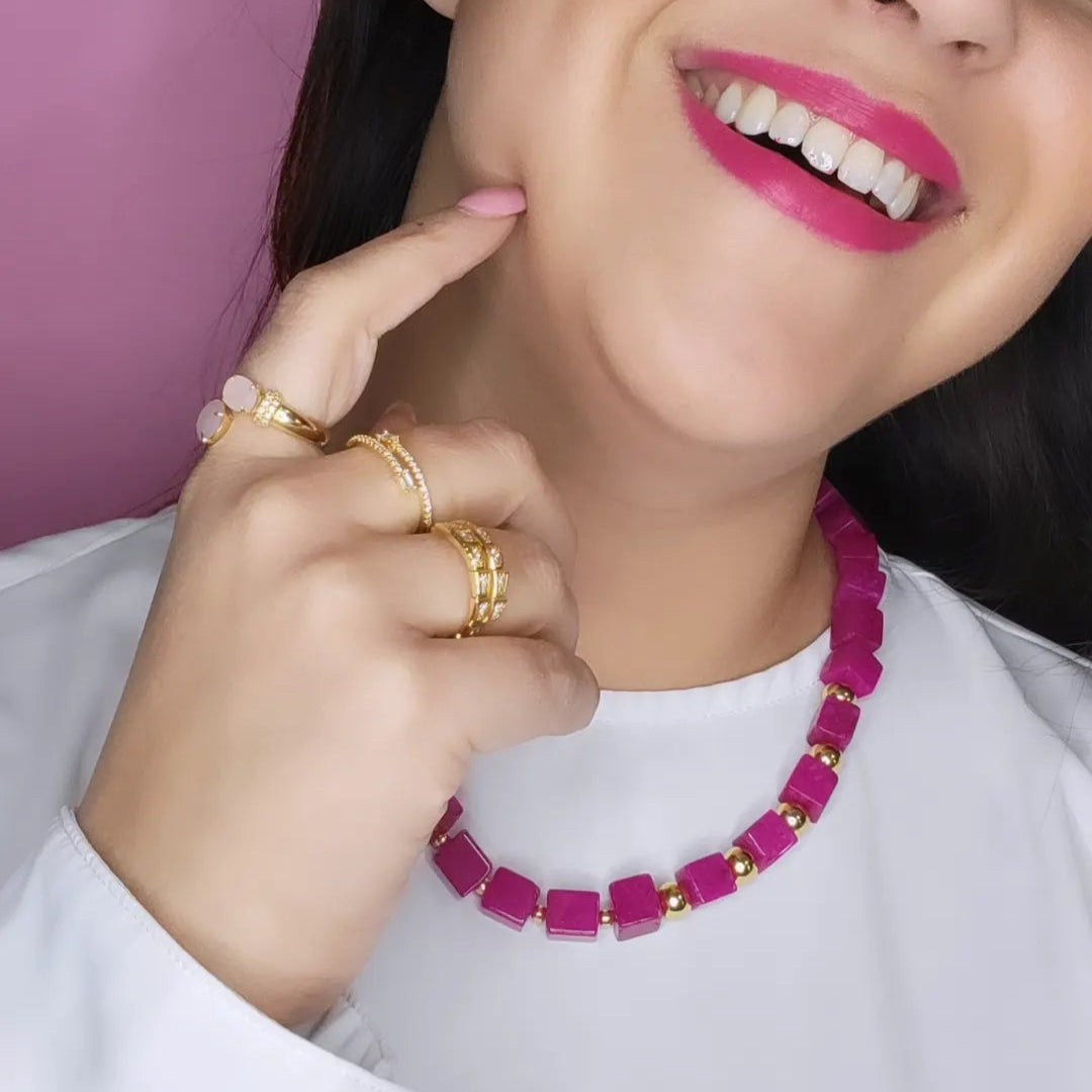 18K Gold Plated Square Pink Jade and Golden Balls Necklace