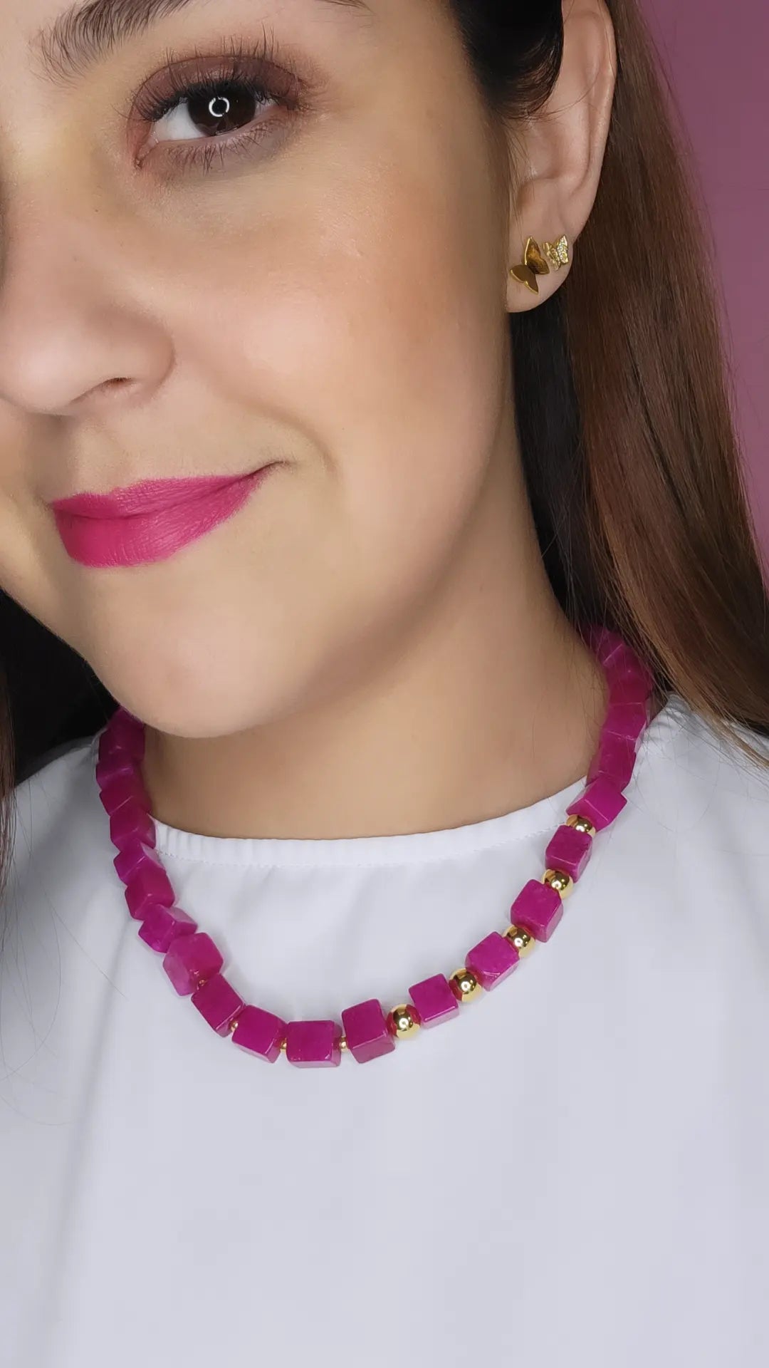 18K Gold Plated Square Pink Jade and Golden Balls Necklace