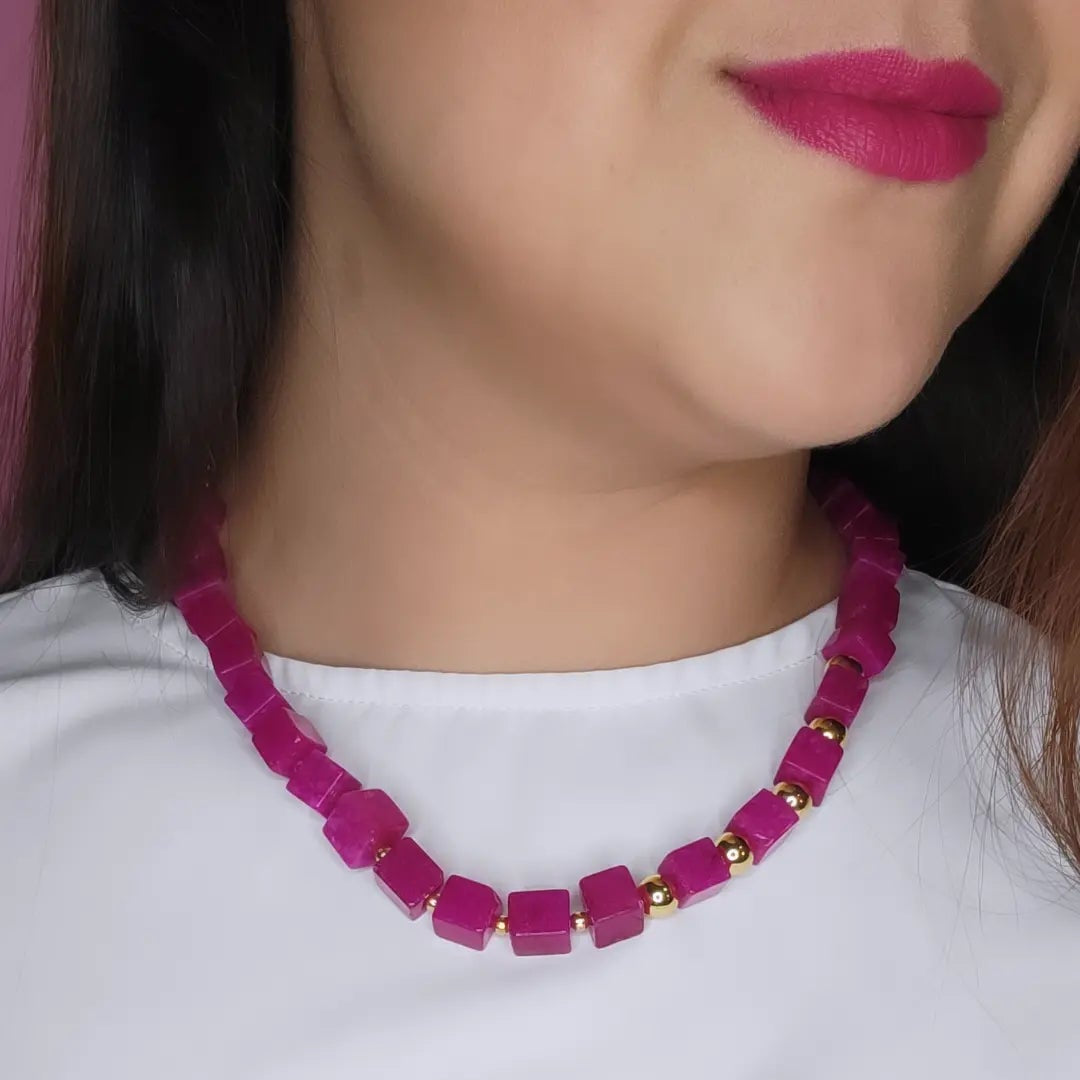 18K Gold Plated Square Pink Jade and Golden Balls Necklace