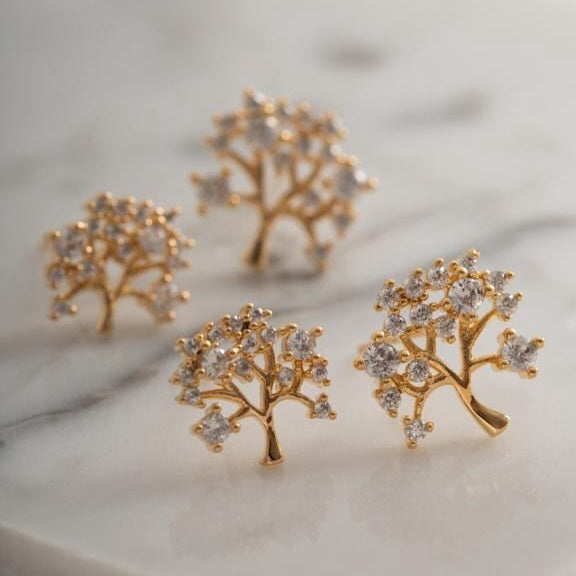 18K Gold Plated Studded Zirconia Duo Tree Earrings