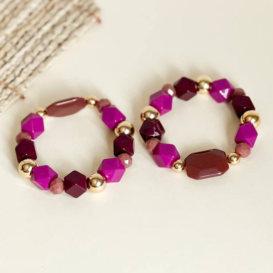 18K Gold Plated Bracelet with purple resin polygons and gold balls.