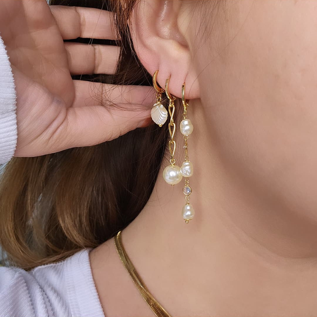 18K Gold Plated Trio Hoop With Shell and Pearls Pendant Earrings