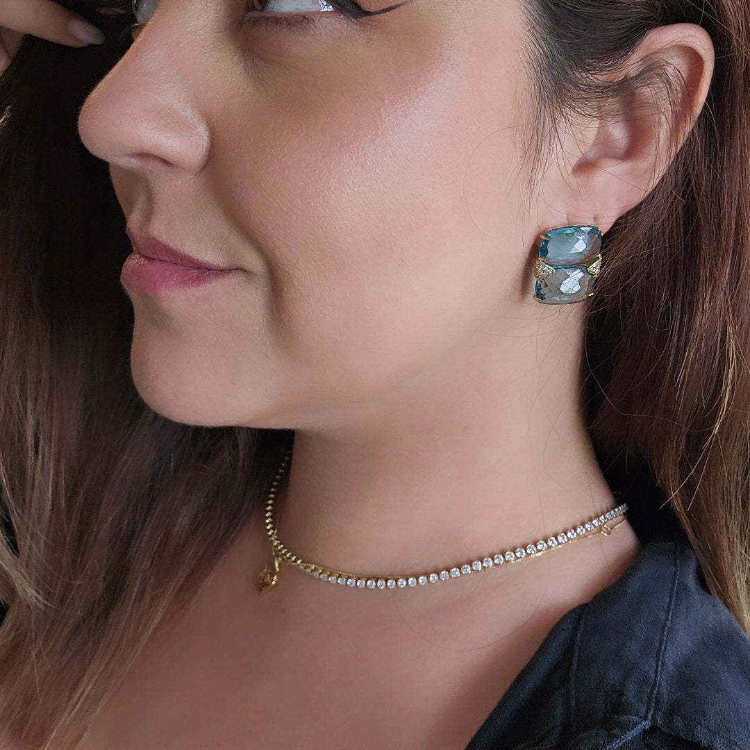 18K Gold Plated Double Aquamarine Earrings