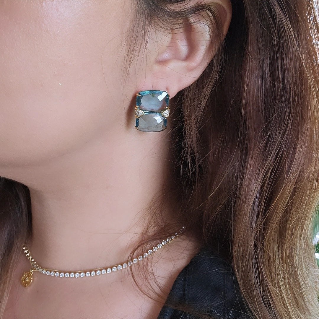 18K Gold Plated Double Aquamarine Earrings