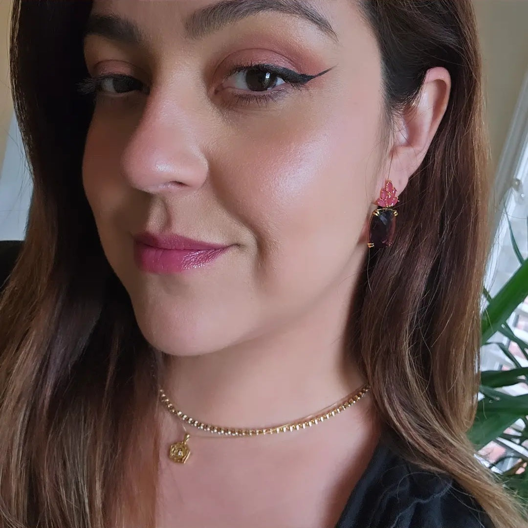 18K Gold Plated Square Rodolite Small Rubellite Earrings