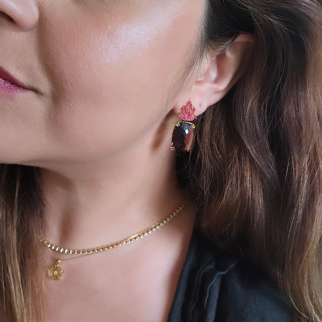 18K Gold Plated Square Rodolite Small Rubellite Earrings