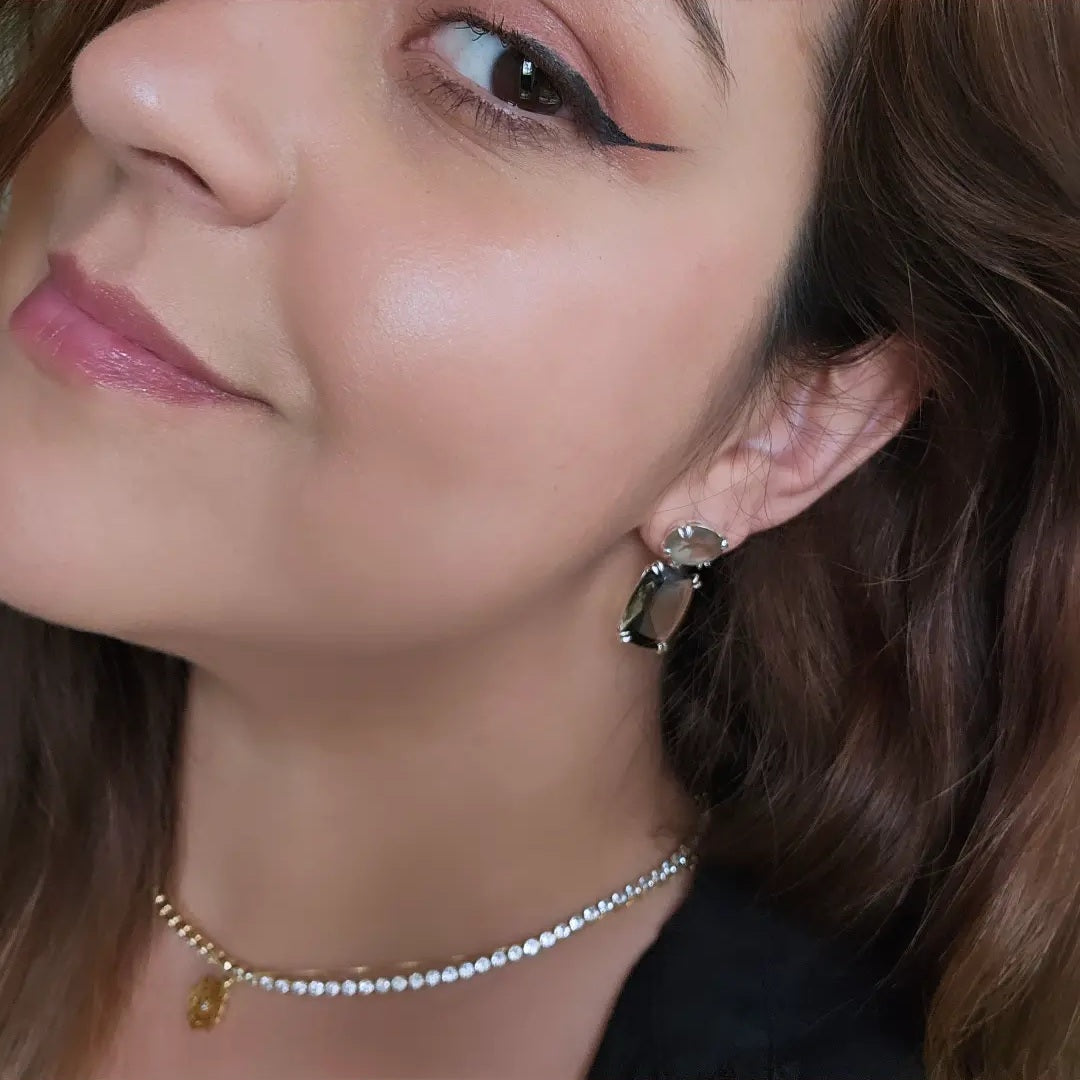 Silver Plated Oval Matte Smoky Quartz Rectangle Smoky Quartz Earrings