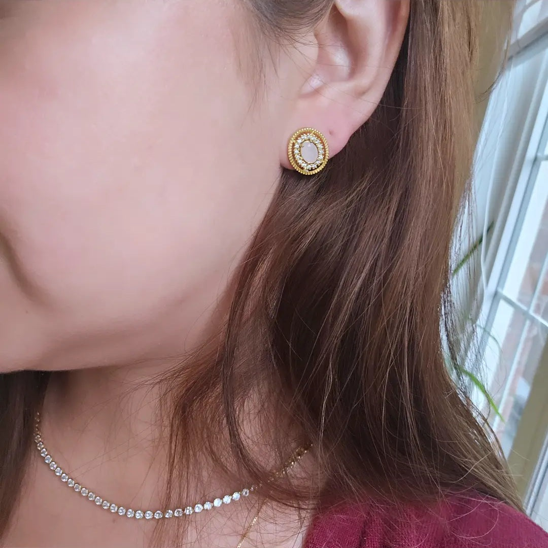18K Gold Plated Oval Stone Studded Zirconia Earrings
