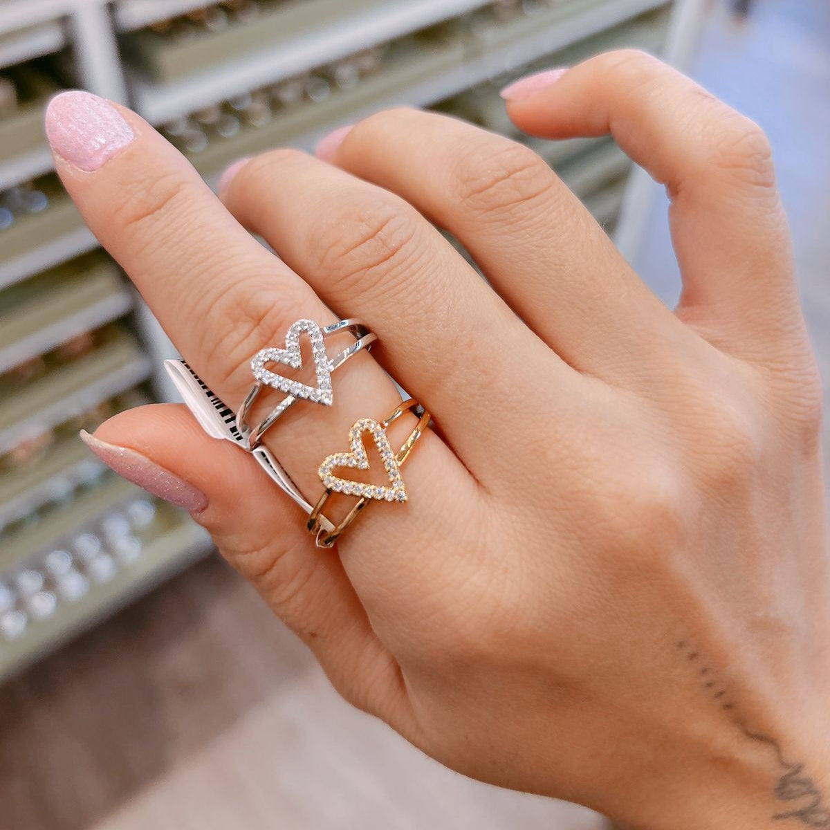 White Rhodium Plated Adjustable Studded Zirconia Heart Ring