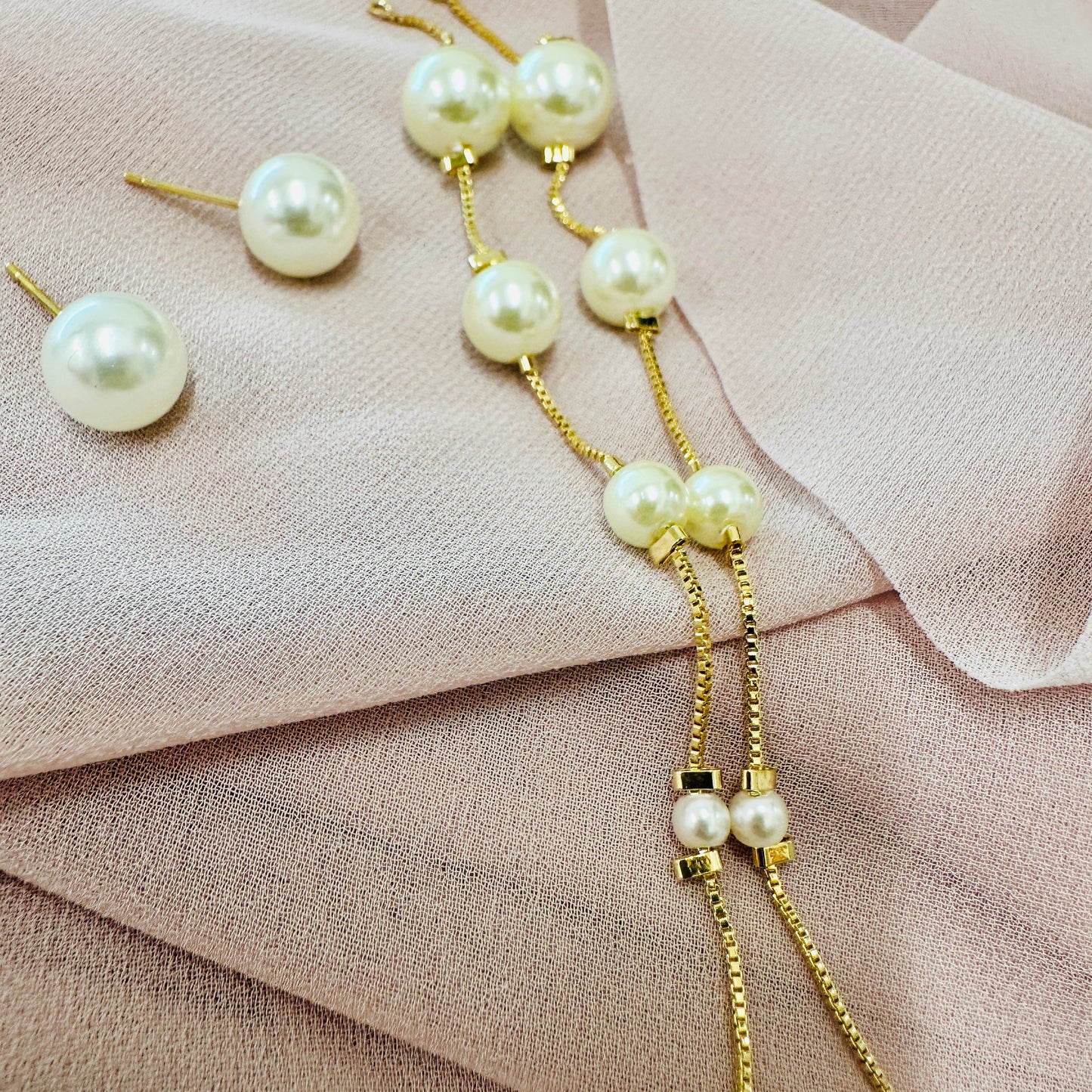 18K Gold Plated Long Chain & Pearls Earrings