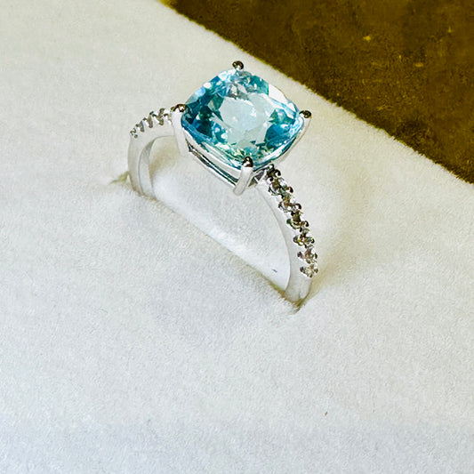 Sky Blue Topaz and White Topaz Studded on Rhodium-finished 925 Sterling Silver Ring