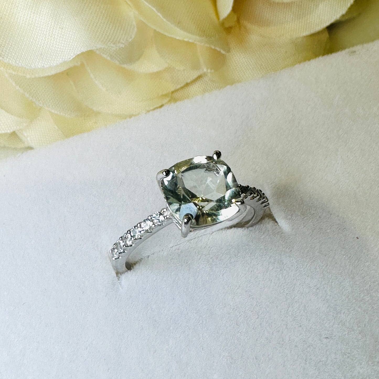 Green Amethyst and White Topaz Studded on Rhodium-finished 925 Sterling Silver Ring