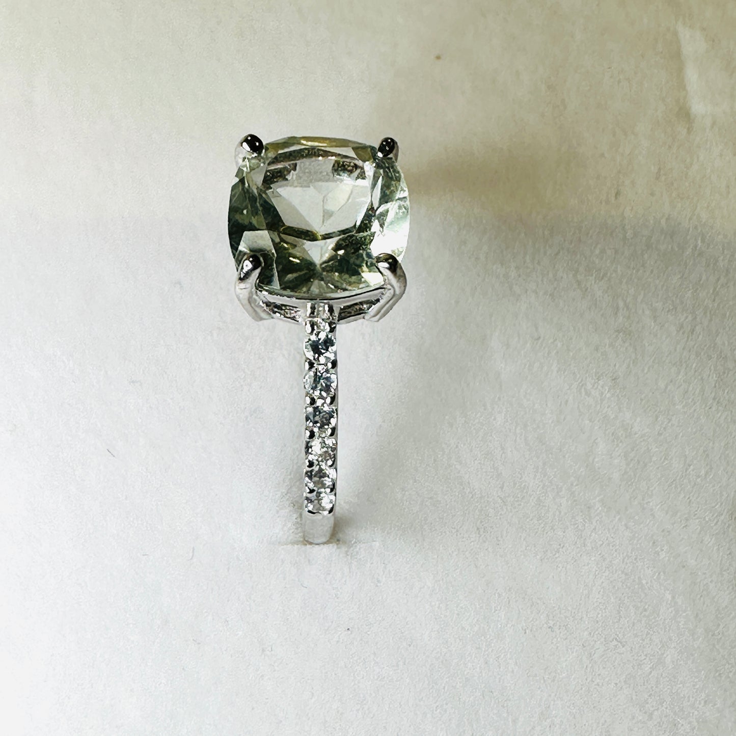 Green Amethyst and White Topaz Studded on Rhodium-finished 925 Sterling Silver Ring