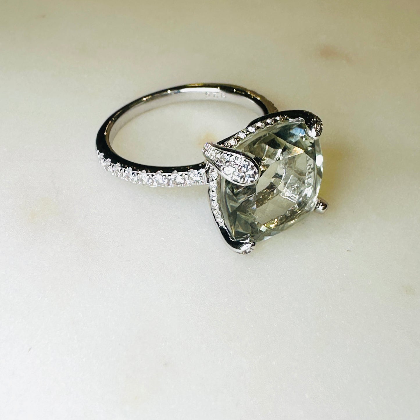 Green Amethyst and White Topaz Studded on Rhodium-finished 925 Sterling Silver Ring