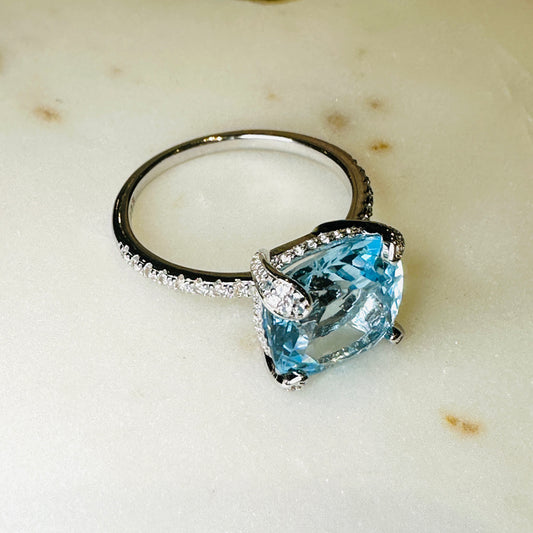Sky Blue Topaz and White Topaz Studded on Rhodium-finished 925 Sterling Silver Ring