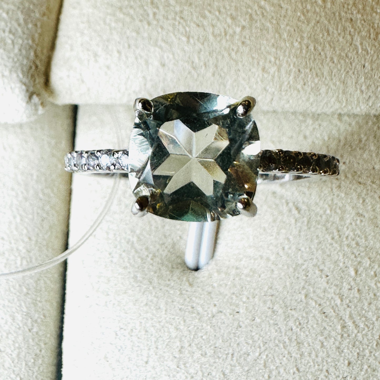 Green Amethyst and White Topaz Studded on Rhodium-finished 925 Sterling Silver Ring