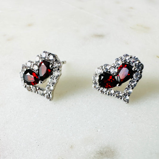 Garnet and White Topaz Heart on Rhodium-finished 925 Sterling Silver Earring