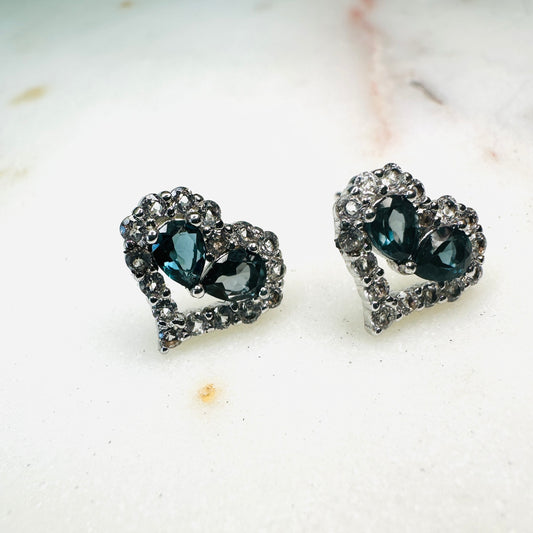 London Topaz and White Topaz Studded Heart on Rhodium-finished 925 Sterling Silver Earring